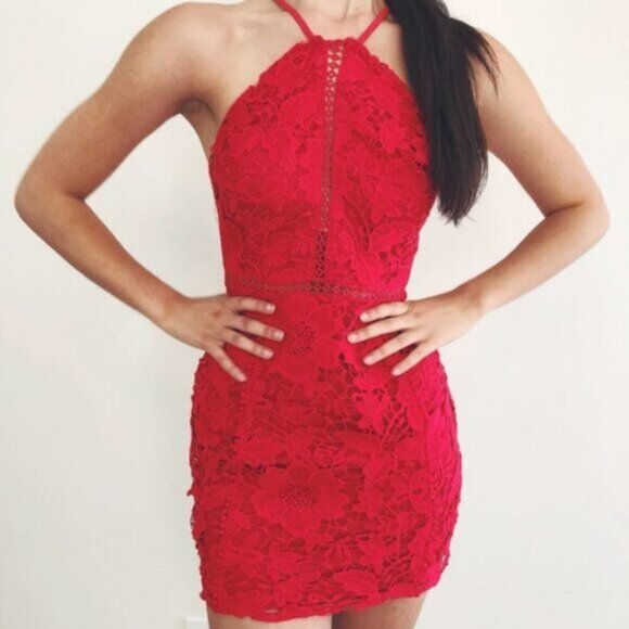 UO Lace High-Neck Red Mini Dress Size XS - Picture 1 of 7